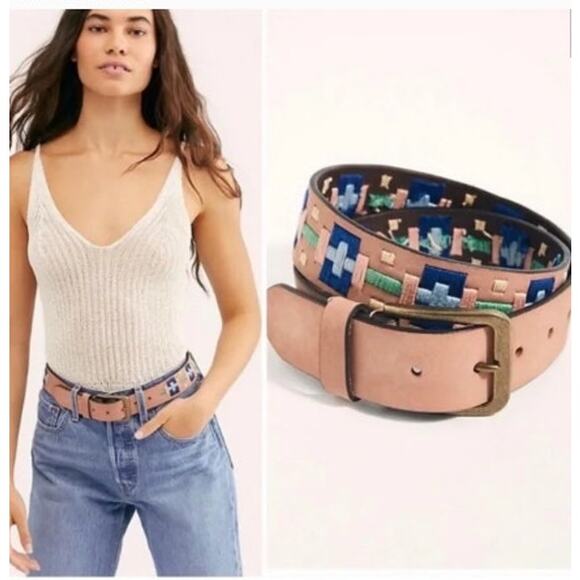 Free People High‎ Summer Embroidered Neutral Tan Bohemian Leather Belt - Picture 1 of 5